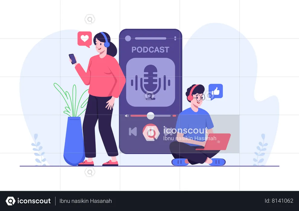 Man and woman listening audio podcast  Illustration