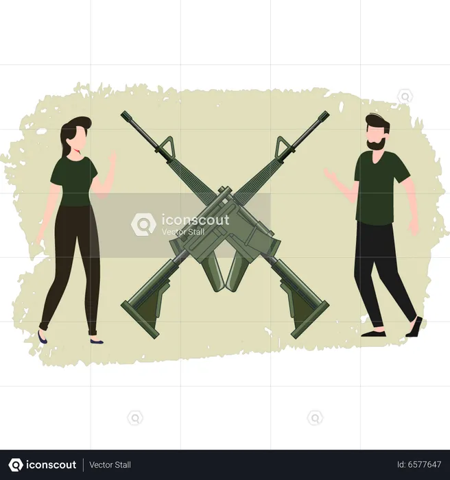 Man And Woman Looking At Guns  Illustration