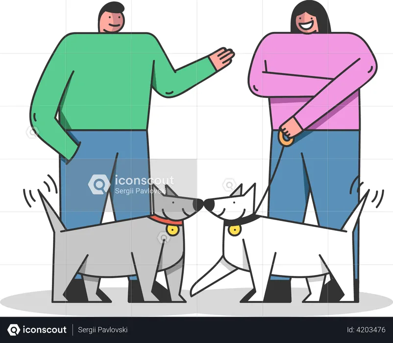 Man and woman meeting while pets meeting each other  Illustration
