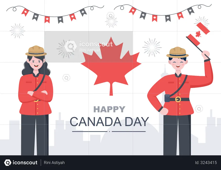 Man and woman officer celebrating Canada Day  Illustration