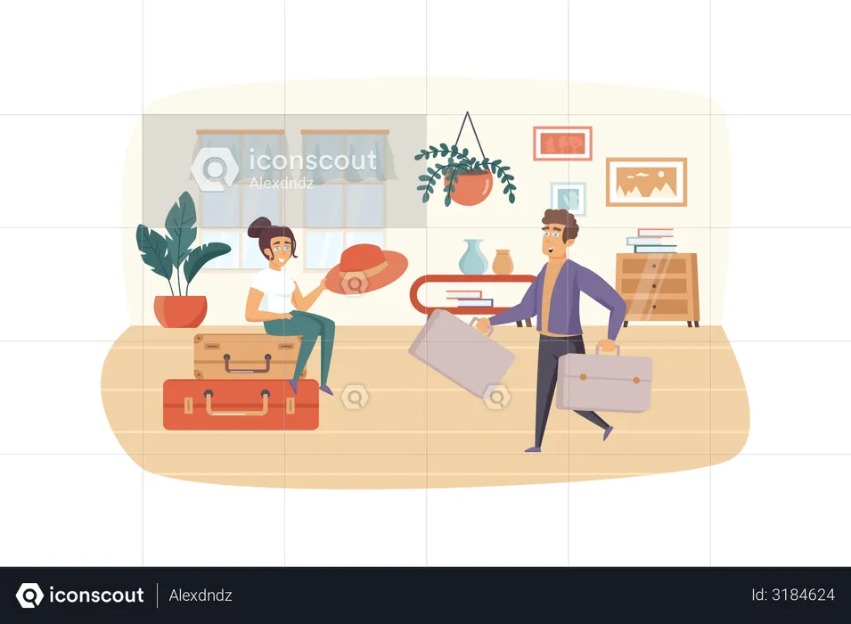 Man and woman packing suitcases for vacation  Illustration
