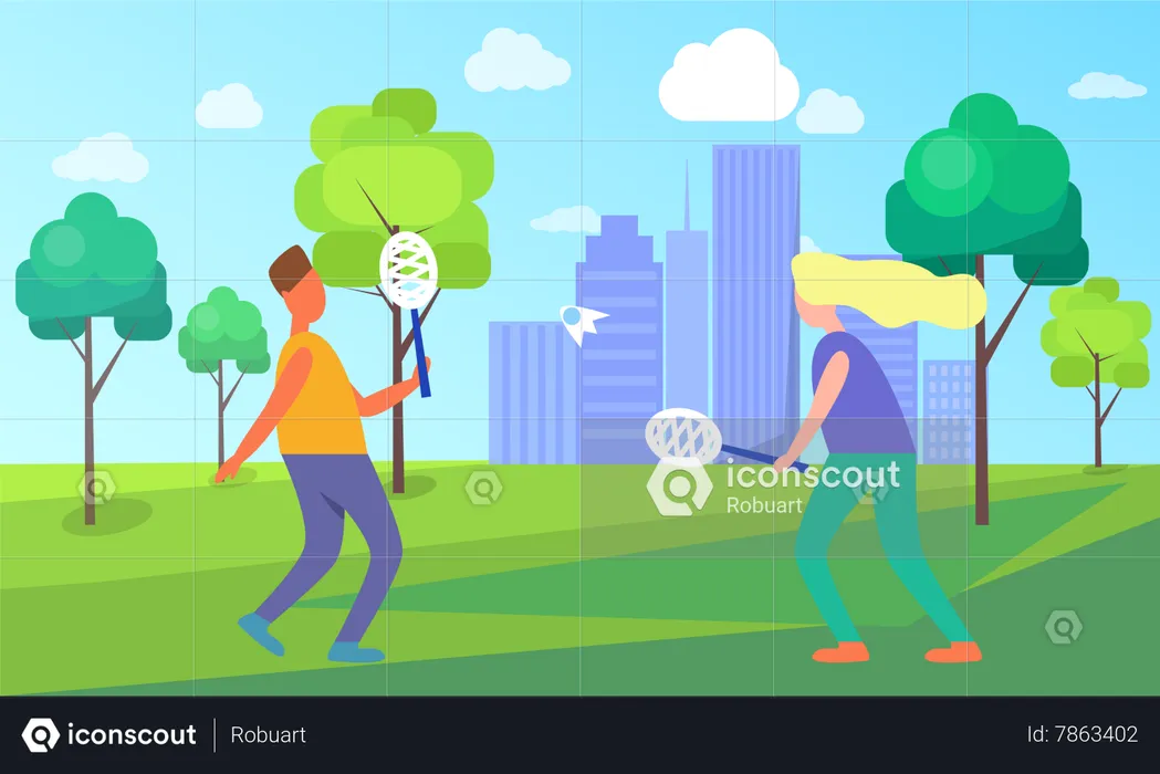 Man and Woman Playing badminton in park  Illustration
