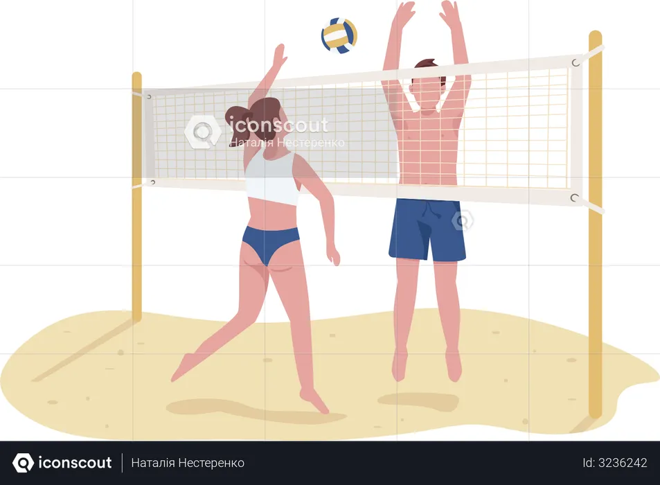 Man and woman playing beach volleyball  Illustration