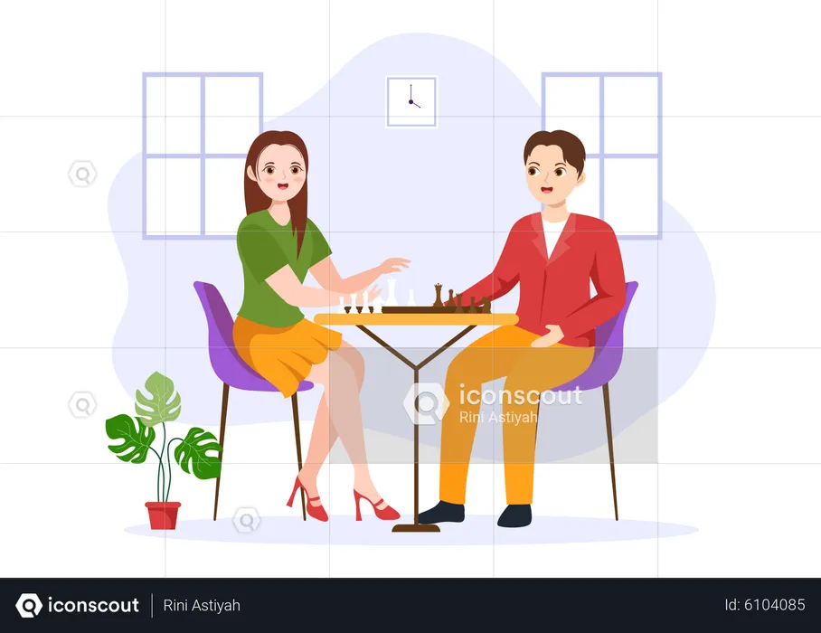 Man and woman playing chess board game  Illustration