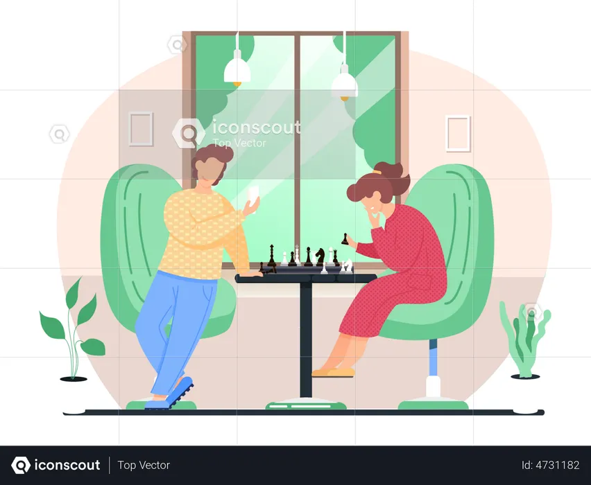 Man and woman playing chess in living room  Illustration