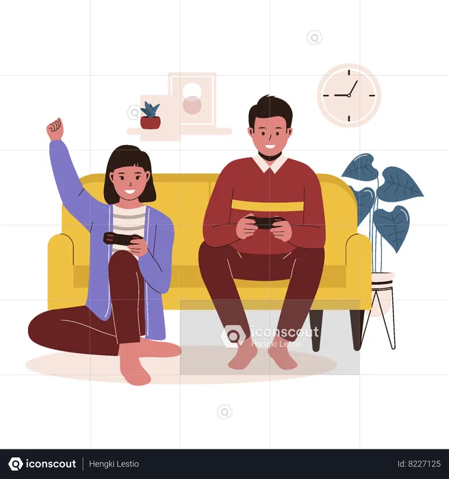 Man and woman playing game at sofa  Illustration