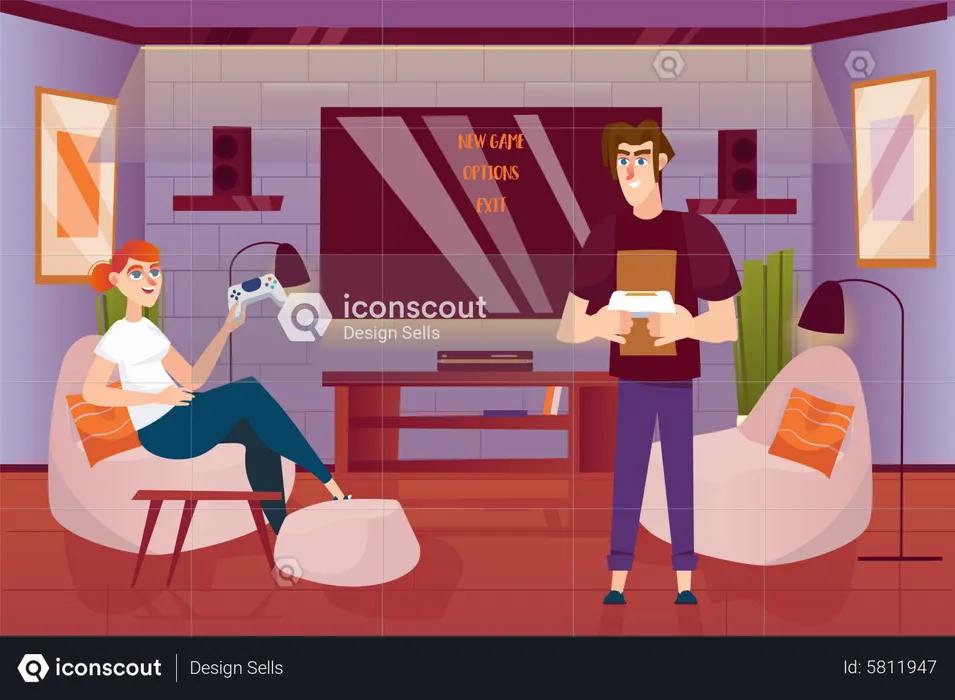 Man and woman playing video game at home  Illustration