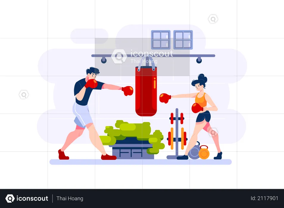 Man and woman practice boxing  Illustration