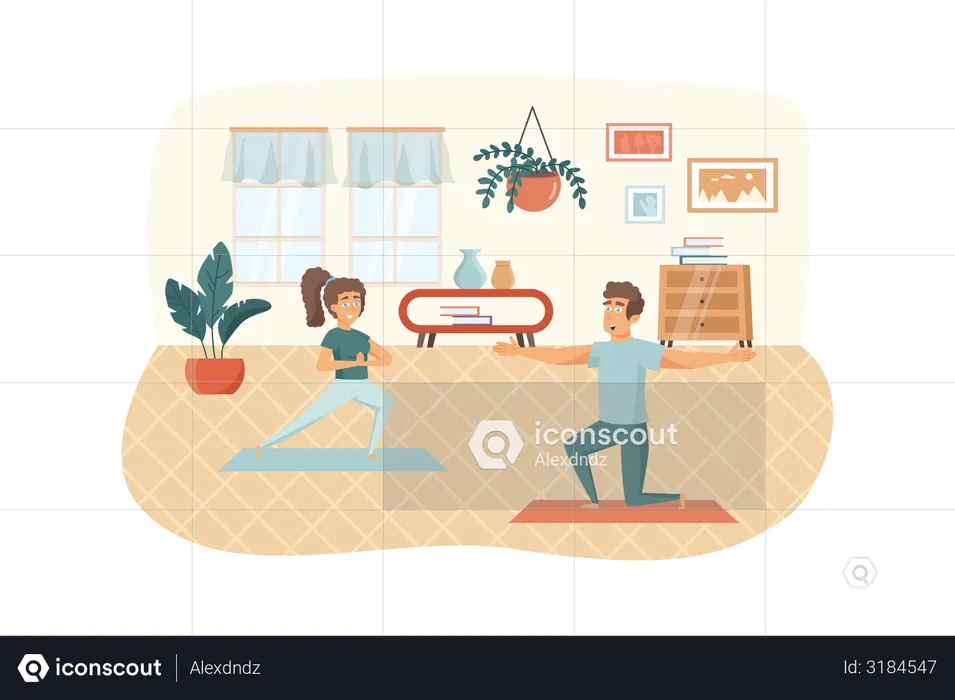 Man and woman practicing yoga at room  Illustration
