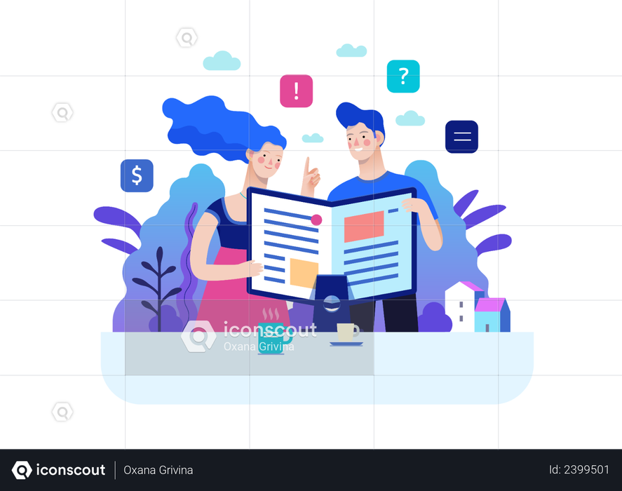 Premium Man and woman reading article Illustration