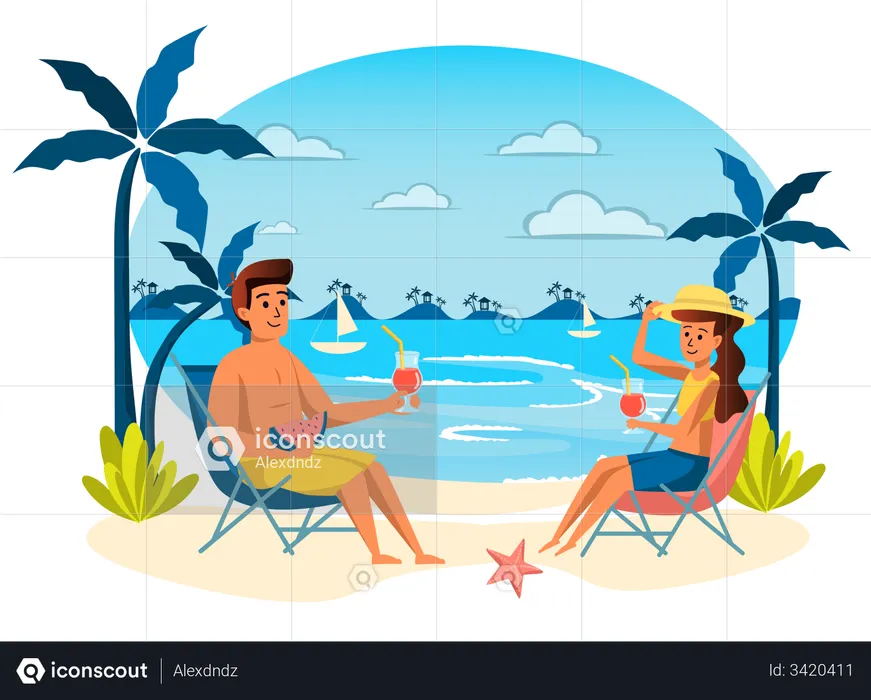 Man and woman resting at seaside resort  Illustration