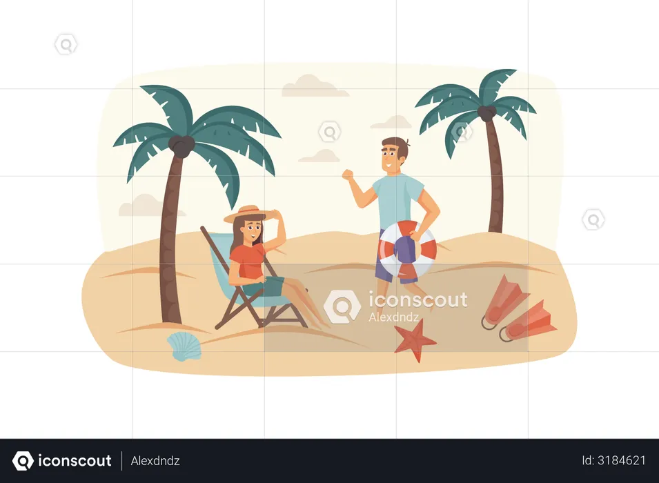Man and woman resting on beach by sea, lying on sun lounger, sunbathing  Illustration