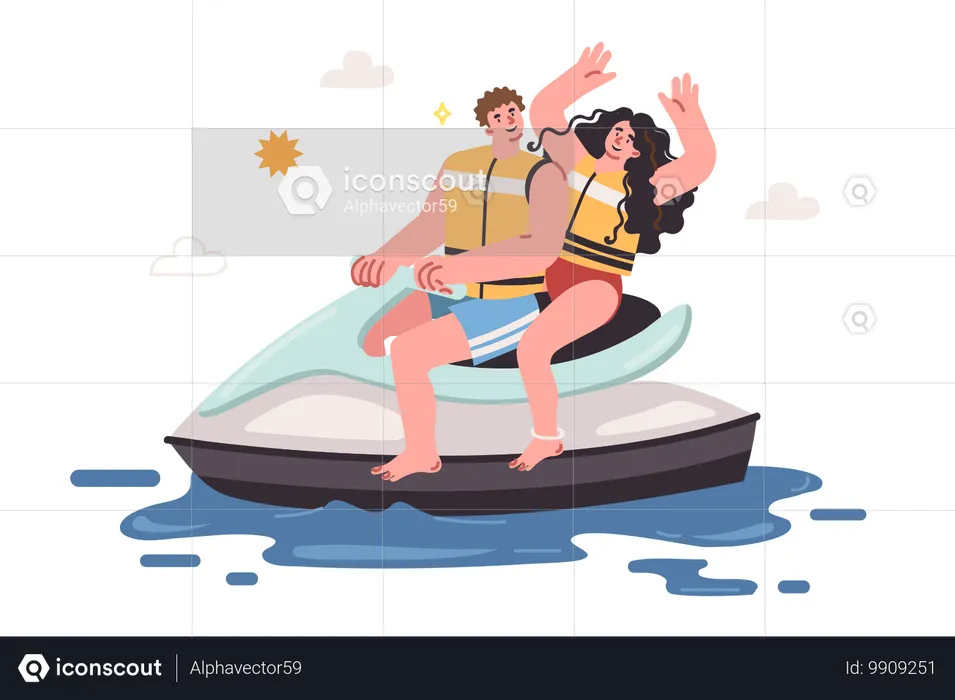 Man and woman ride jet ski and spending summer holidays together  Illustration