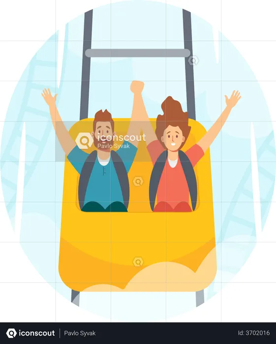 Man and Woman Riding Roller Coaster in Amusement Park Illustration