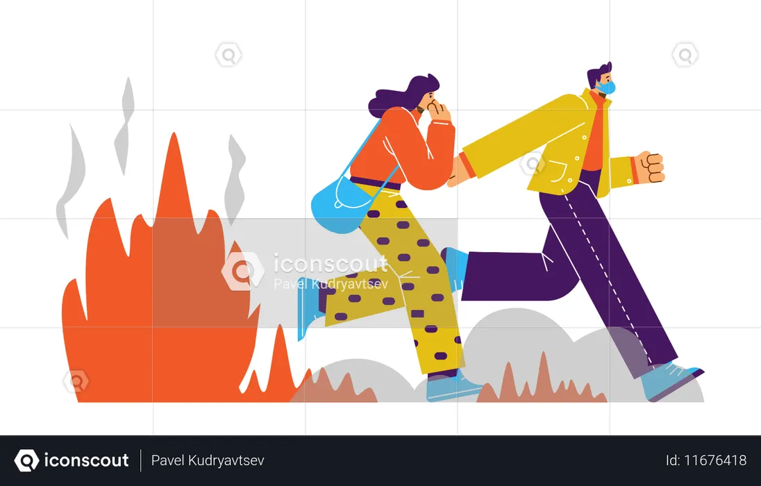Man and woman running from fire  Illustration