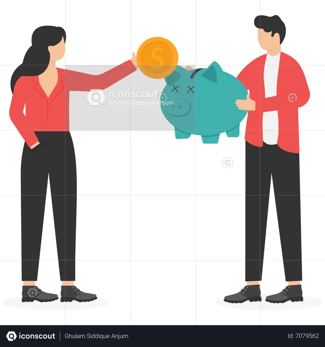 Man and woman savings money in piggy bank  Illustration