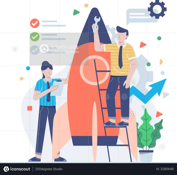 Man and woman scenes with spaceship for launching new business  Illustration