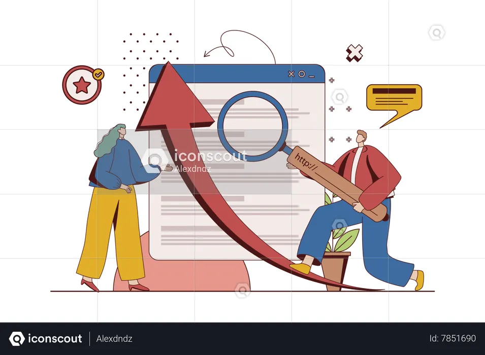 Man and woman select keywords and work with search queries  Illustration