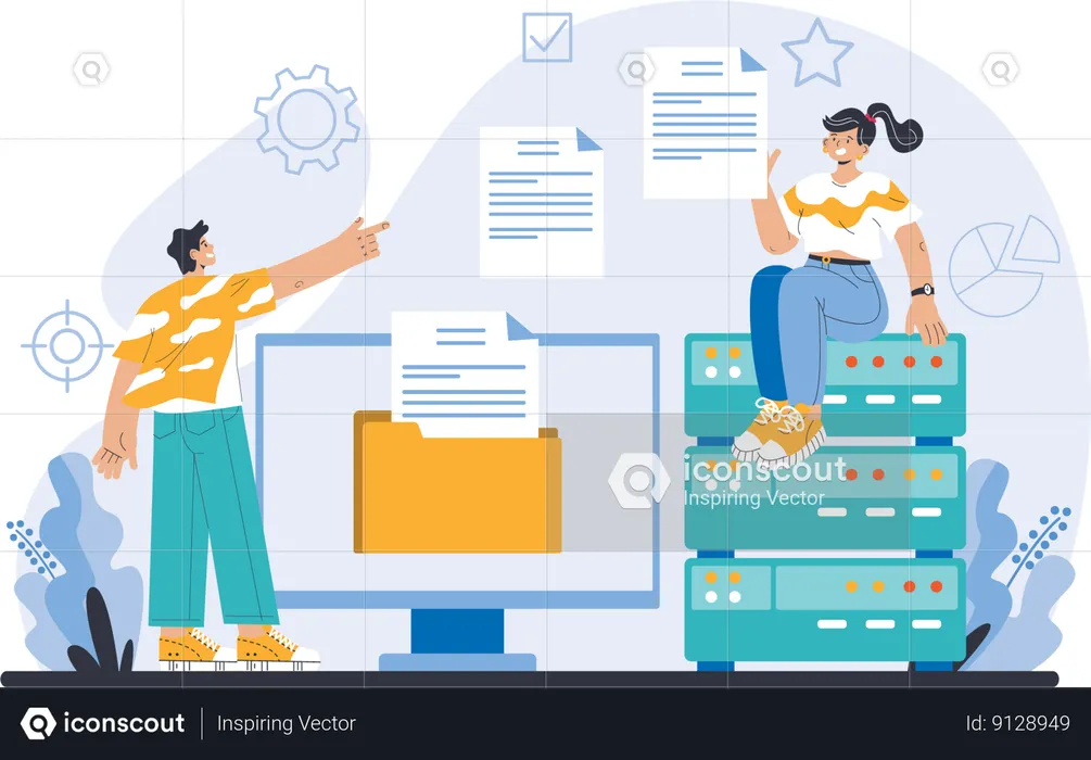 Man and woman sharing document on server  Illustration