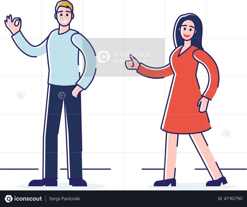 Man And Woman Showing Ok And Thumb Up Signs  Illustration