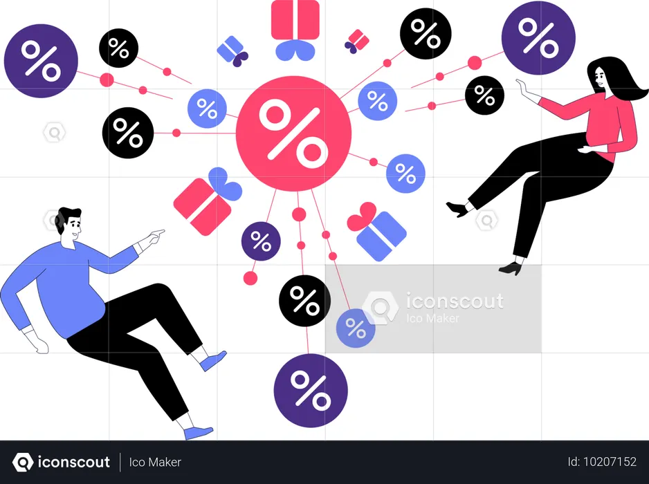 쇼핑 선물을 보여주는 남자와 여자  일러스트레이션