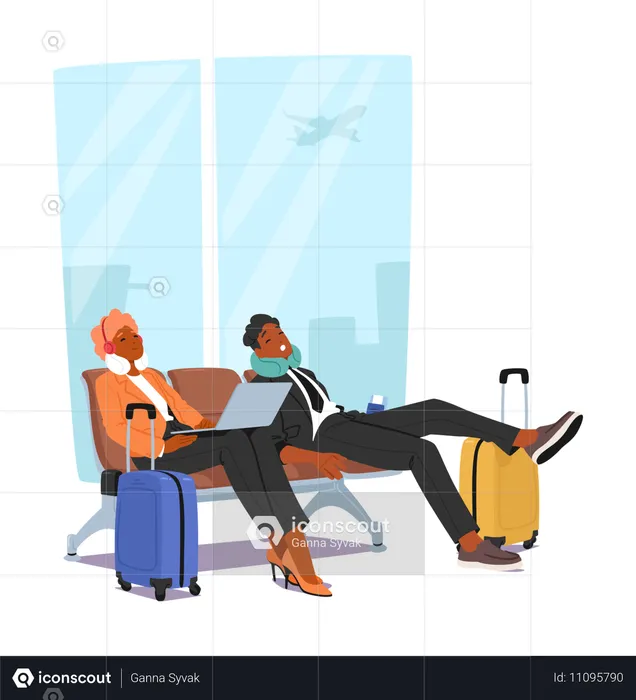 Man And Woman Sit On A Bench At Airport With Luggage  Illustration