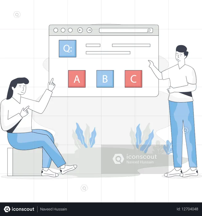 Man and woman sit on a bench pointing at a screen displaying letters together  Illustration