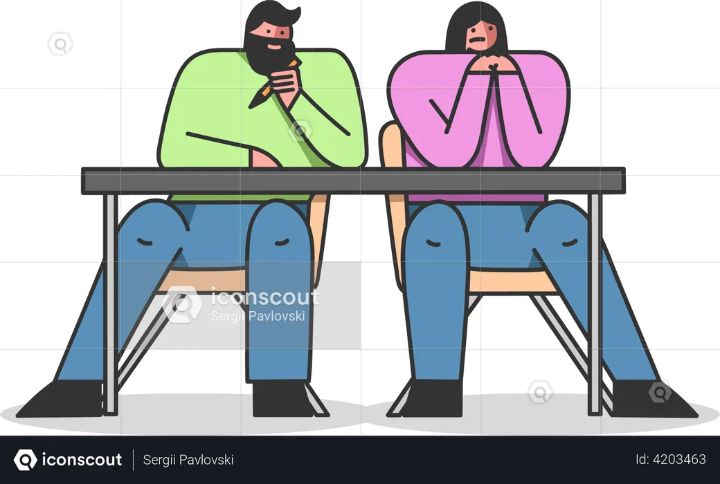 Man and woman sitting on desk  Illustration