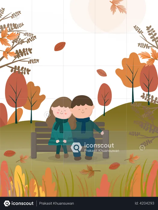 Man and woman sitting on long bench in nature park  Illustration