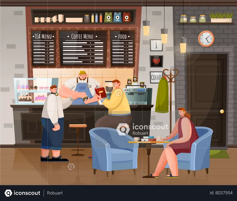 Man and Woman Sitting with Coffee in Cafe  Illustration