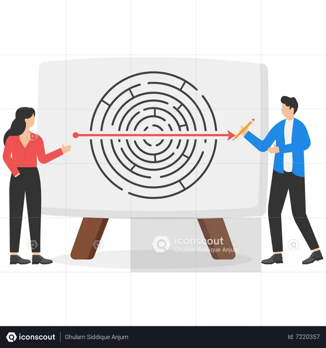 Man and woman solve labyrinth by straight line arrows  Illustration