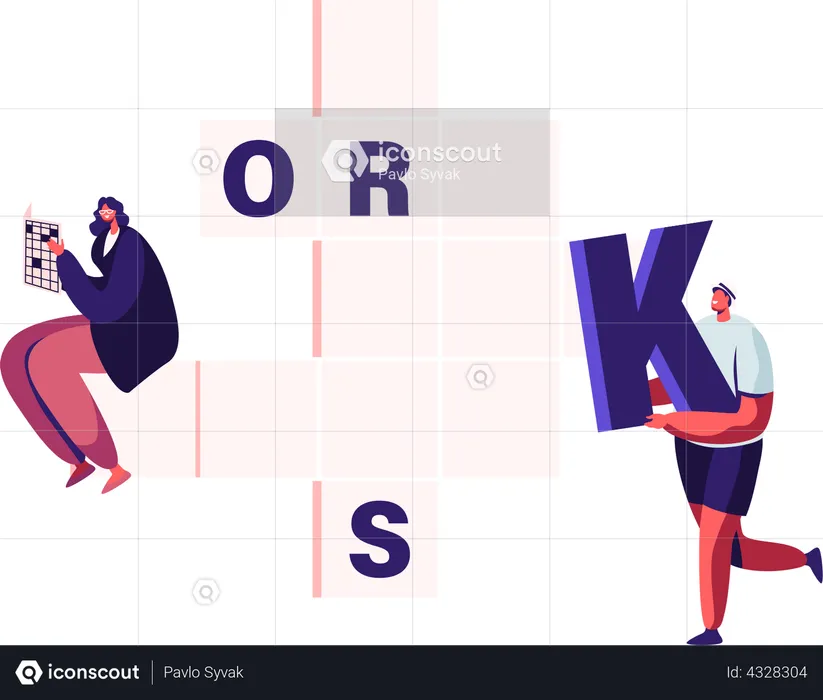 Man and woman solving crossword puzzle  Illustration