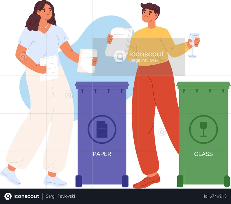 Man and woman sorting glass paper waste for recycling  Illustration
