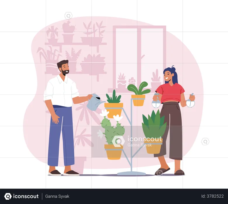 Man and Woman Spraying and Water Flowers on Shelf with Watering Can  Illustration