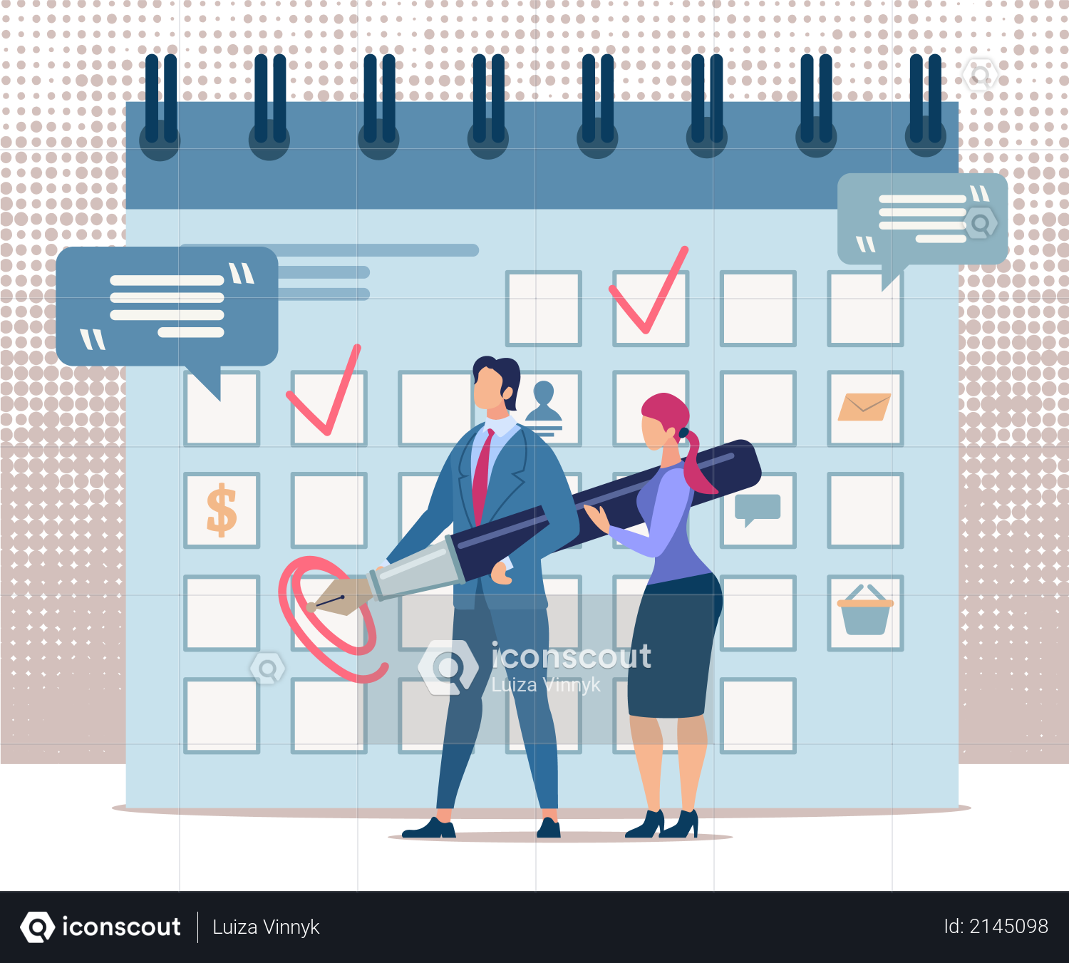 Man and Woman Stand at Calendar and Make Notes Illustration