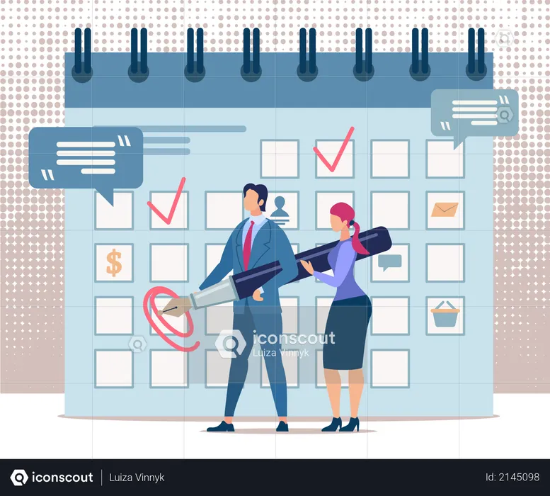 Man and Woman Stand at Calendar and Make Notes  Illustration