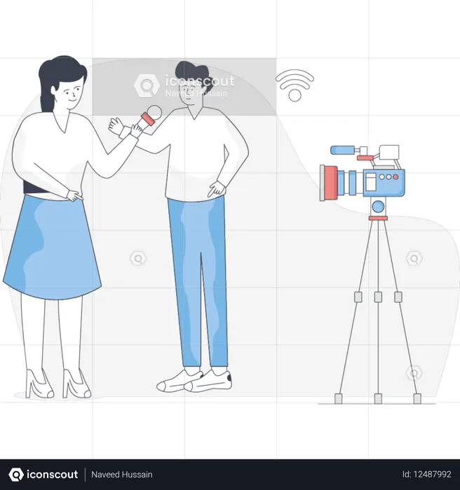 남자와 여자가 카메라 옆에 서서 미소를 지으며 사진을 찍고 있다  일러스트레이션
