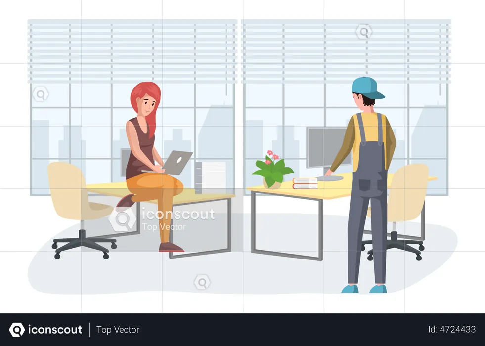Man and woman stand near computer  Illustration