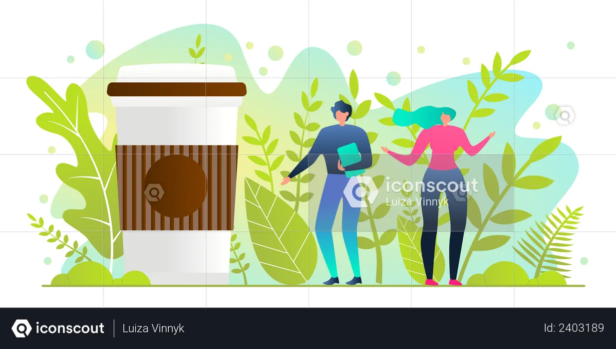 Man and Woman Stand near Huge Cup with Hot Drink  Illustration