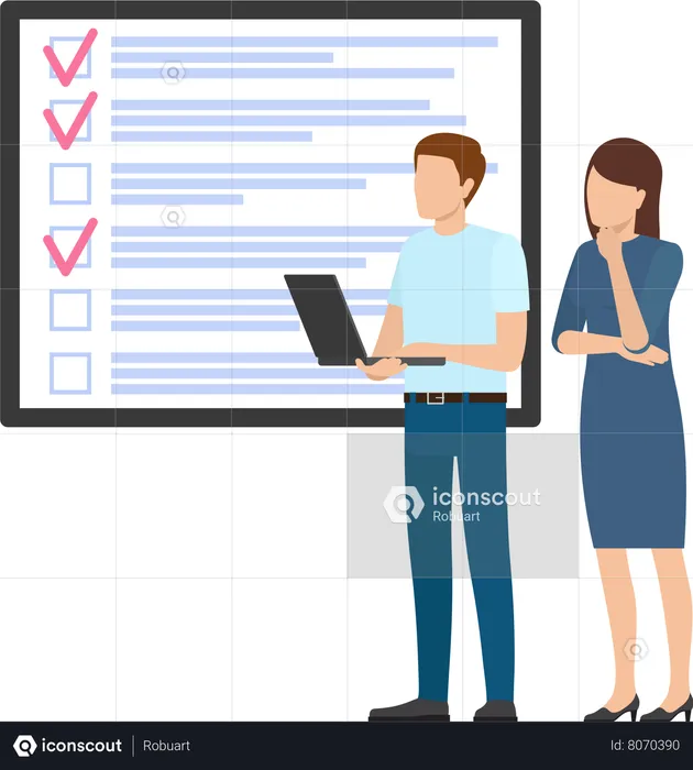 Man and woman stand near to do list and discuss schedule  Illustration