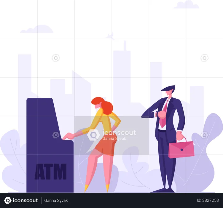 Man and Woman Standing in Atm Line  Illustration