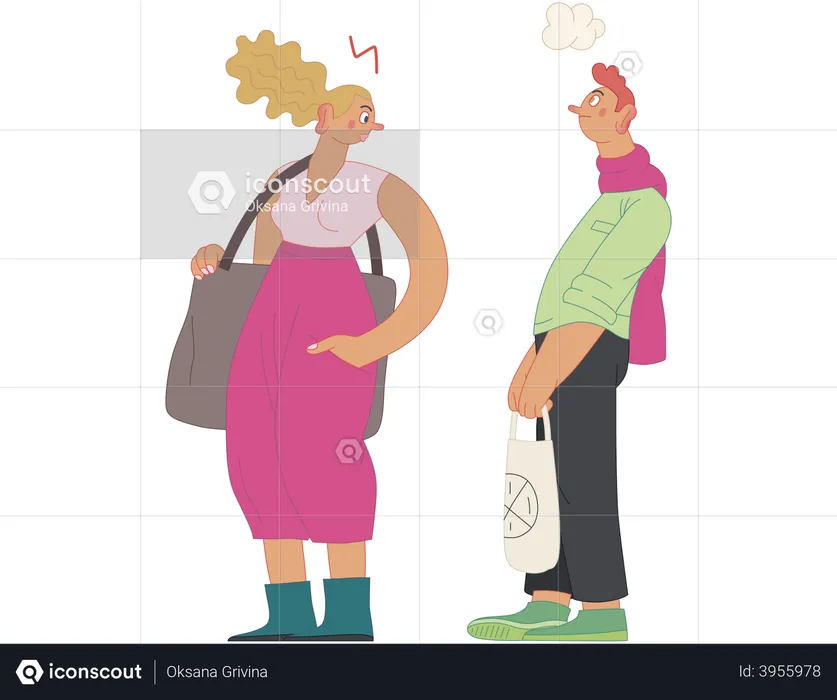 Man and woman standing in queue  Illustration