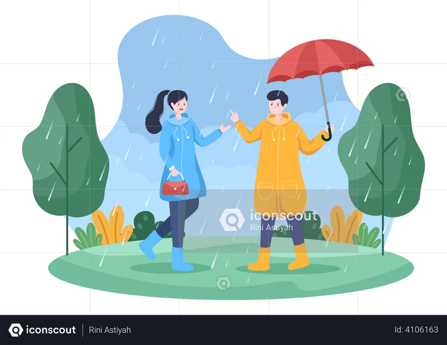 Man and woman standing in rain  Illustration