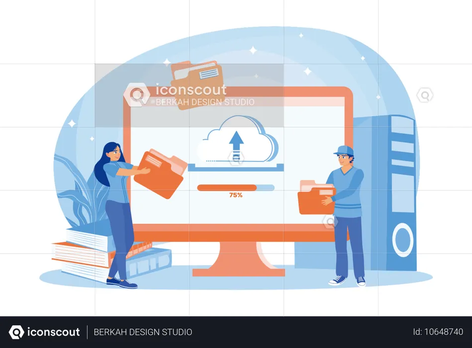 Man And Woman Store Data In Data Center while Exchange Of Information On Internet  Illustration