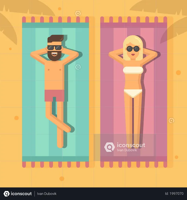 Man and woman sunbathing at the beach  Illustration