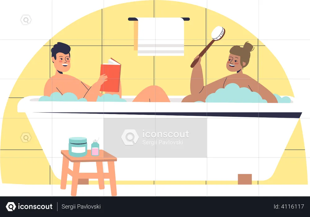 Man and woman taking bath together  Illustration