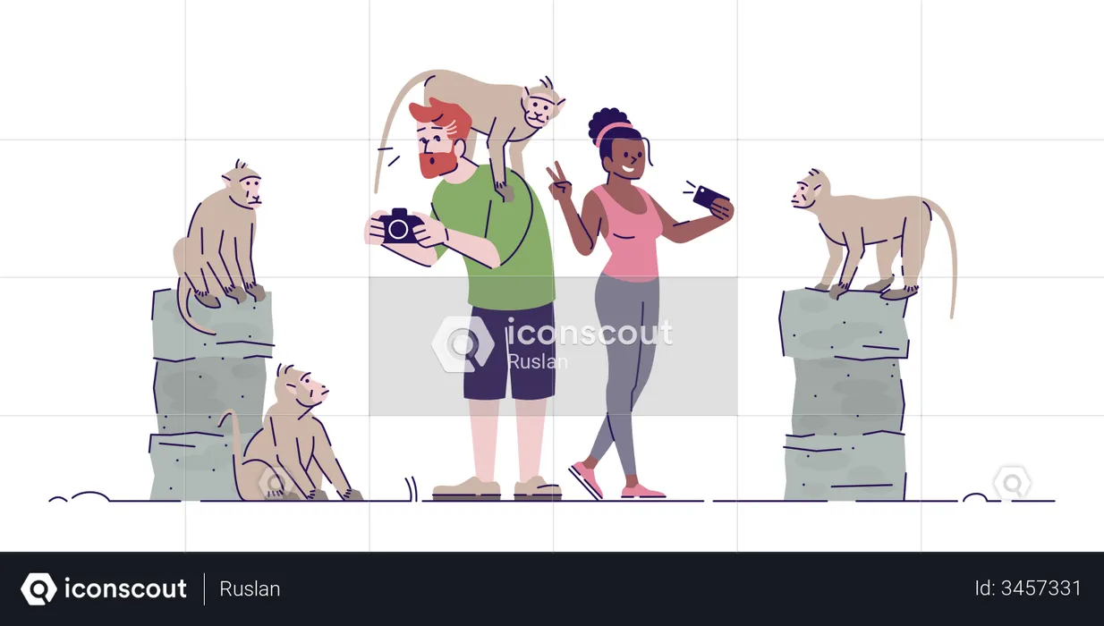 Man and woman taking photos of primates  Illustration