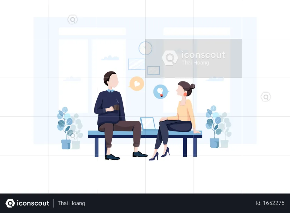 Man and woman talking while sitting on bench  Illustration