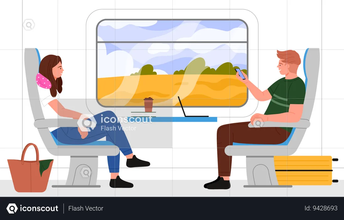 Man and woman travel in train compartment  Illustration
