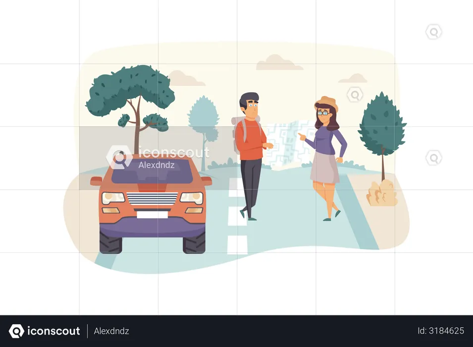 Man and woman travelers look at map, trip by car  Illustration